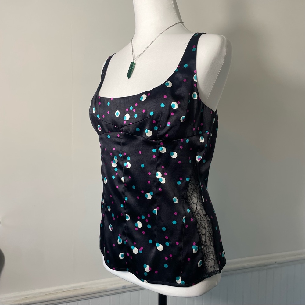 Dolce & Gabbana Black White Blue Pink Polka Dot Silk Floral Lace Tank Top